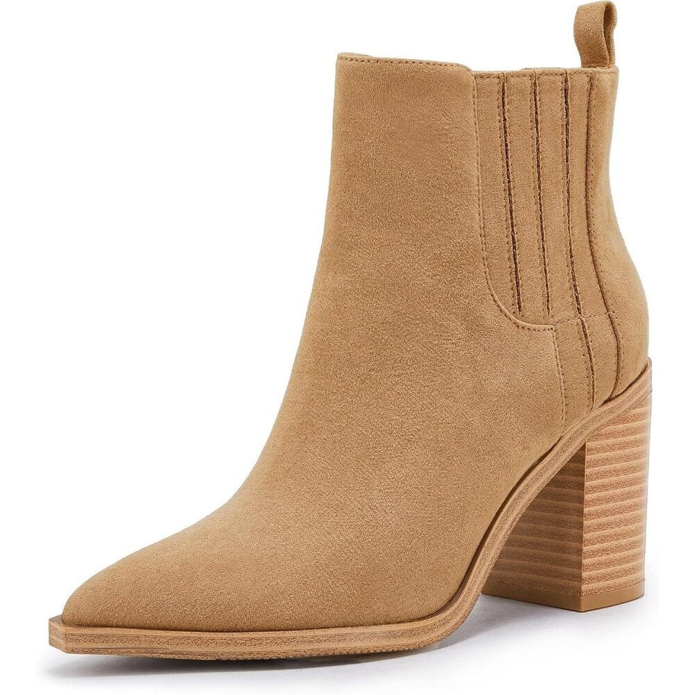 Women Light Brown Faux Leather Slip on Pointed Toe Chunky Block Mid Heel Booties